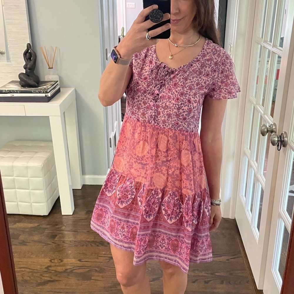Blue Boheme Dolly Printed Patchwork Tiered Mixed Pattern Casual Mini Dress S/M